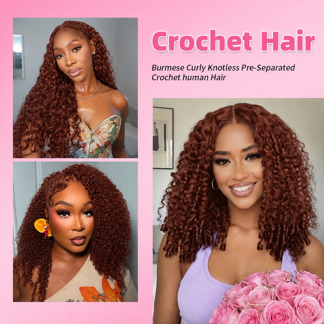 Reddish Brown Miracle Knots Knotless Human Crochet Hair Burmese Curly Pre Separated Feather Hair Extensions Boho Braiding Hair