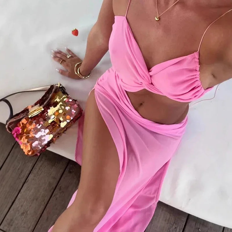 Summer Sexy Backless Irregular Long Dress Womens Side Split Sleeveless Camisole Long Dress Vacation Elegant Hollow Beach Dresses