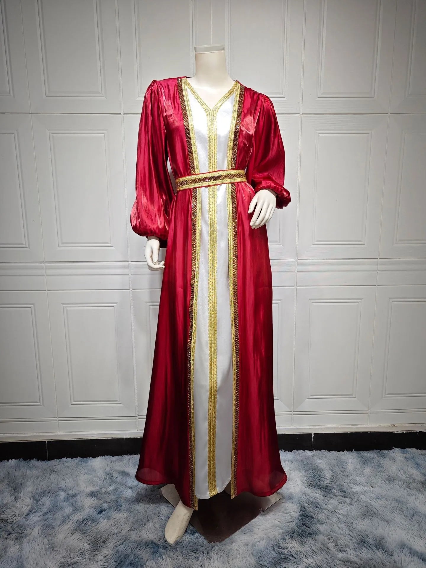 Lavender Sequin Dress V Neck Puffed Sleeves Satin Dresses Belted Waist Floor Length Gown Gold Trim Embroidered Trim Evening