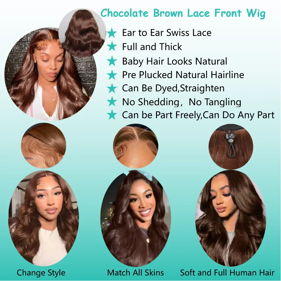 Dixtefo Chocolate Brown Body Wave Wigs 200 Density 18-40 Inches HD Lace Frontal Human Hair Wigs