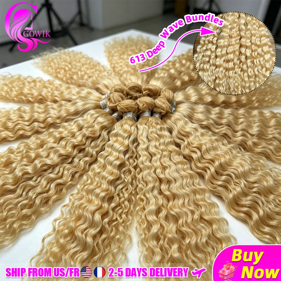 613 Human Hair Bundles Deep Wave 1/3/4 Bundle Blonde 22 24 26 28 Inch Color 613 Bundles Human Hair Extension 65g Single Bundle Double Weft Unprocessed Brazilian Virgin Hair