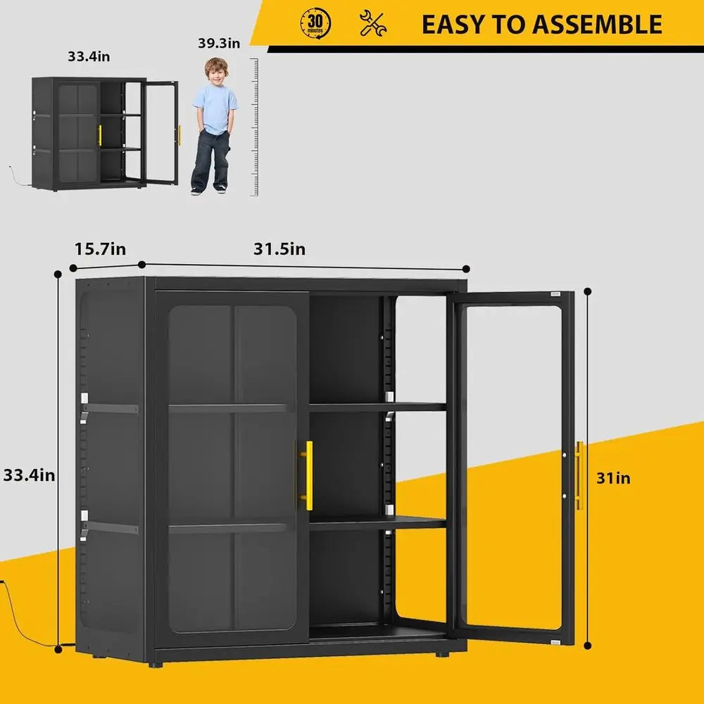34 Tall Glass Door Display Cabinet with Adjustable Shelves and LED Lights for Living Room