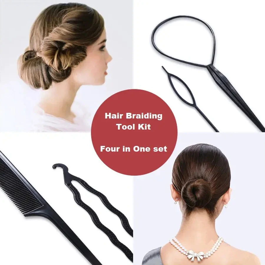 Elegant 4pcs Hair Braiding Tool Kit with Bun Maker Hair Pulling Needle &Double Hook Styling Accessories for Beautiful Hairstyles