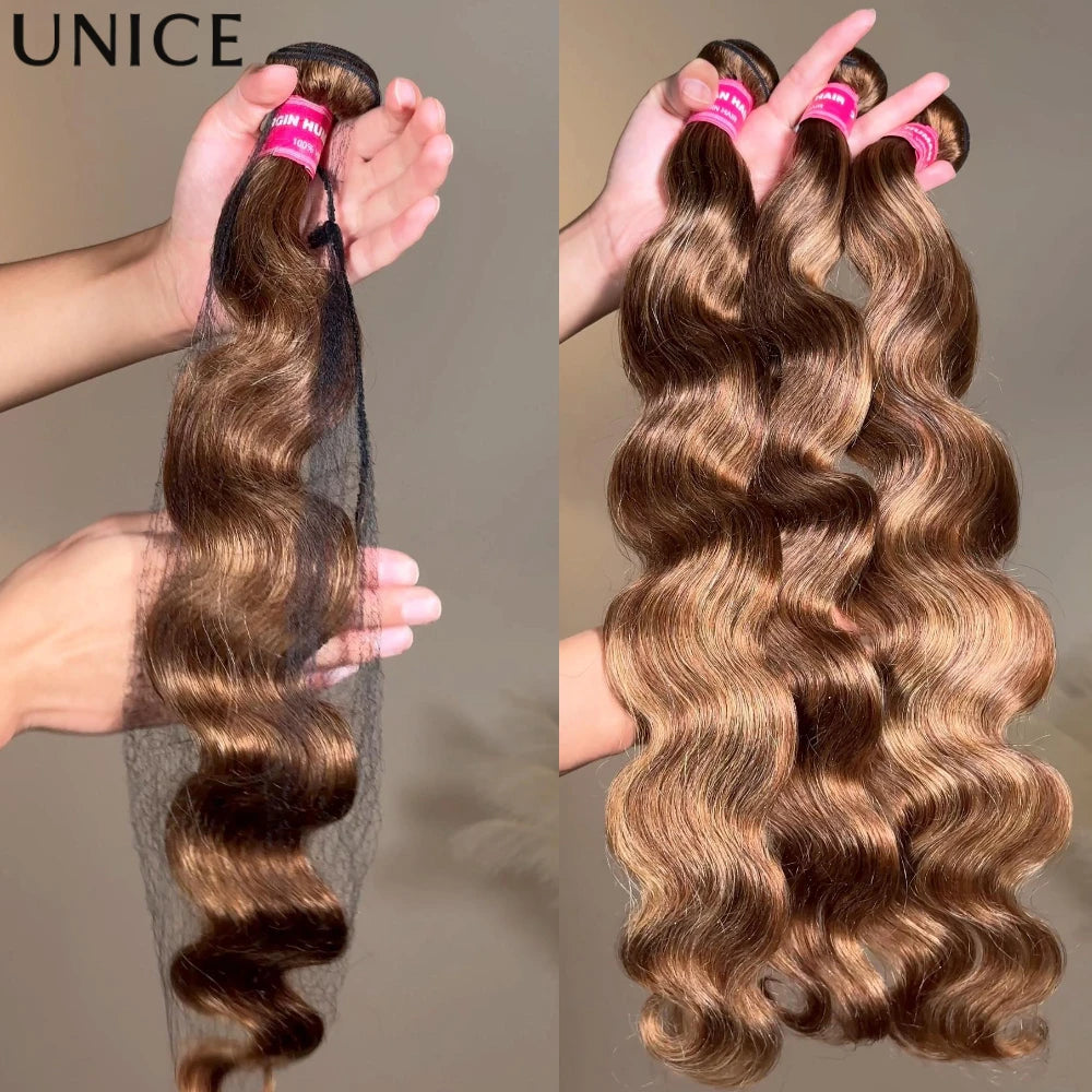 UNice Brown Blonde Highlight Body Wave Bundles 1/3/4 Bundles 100% Human Hair Bundles 100Grams Per Bundle Sew In Extensions