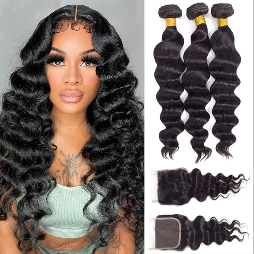 Loose Deep Wave Bundles with Closure Brazilian Virgin Human Hair Bundles Wet and Wavy Human Hair bundles with 4×4 Closure