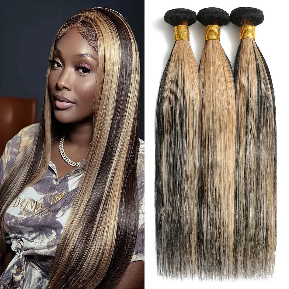 Piano Color Brown Silky Straight Bundles Human Hair Unprocessed Brazilian Virgin Hair Highlight Bone Straight Hair 3/4 Bundles