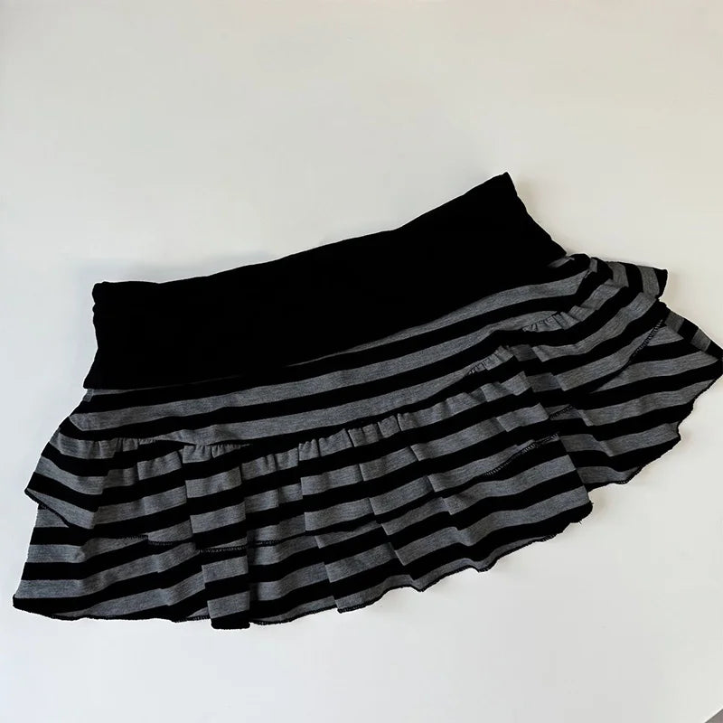 2026 Summer New Women's Wear  Y2K Grunge Black and Grey Striped Ruffle Mini Skirt  High Waist Elastic Waist Tight A-line Skirt