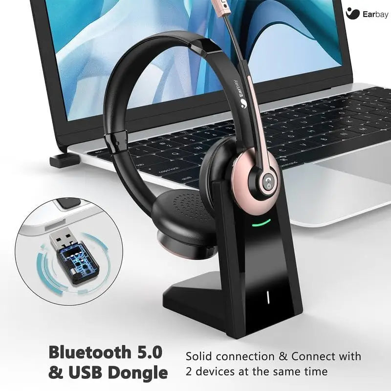 Wireless Headset with Mic, Noise Canceling & Mute, USB Dongle, Charge Dock for PC Phone Office