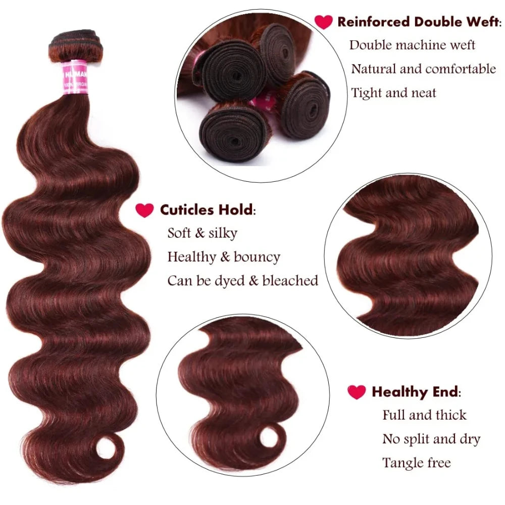 UNice Hair Reddish Brown Body Wave Bundles 1/3/4 PCS Deal 100% Human Hair Bundles Sew In Weaves 100Grams Per Bundle Hair Extensions 10-26 Inch