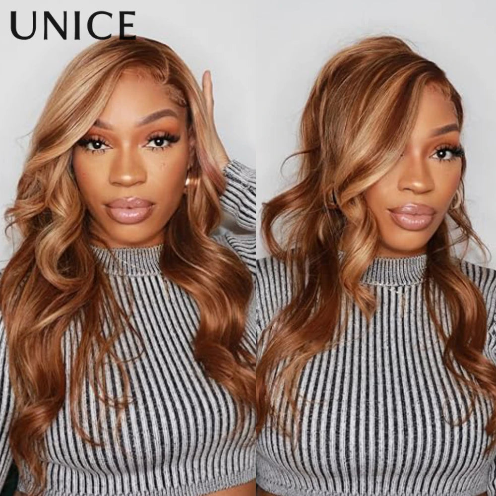 UNice Brown Blonde Highlight Body Wave Bundles 1/3/4 Bundles 100% Human Hair Bundles 100Grams Per Bundle Sew In Extensions