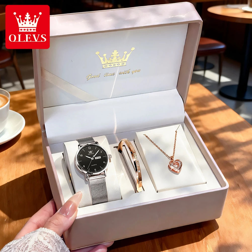 OLEVS 2996 Women Watches Original Elegant Slim Quartz Watch Waterproof Dual Calendar Display Watches For Woman Gift Box Reloj