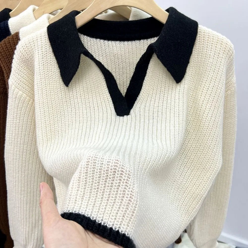 Women Pullovers Panelled Breathable Long Sleeve Knitted Cozy Sheer Loose Young Streetwear Harajuku Korean Style Tender Trendy